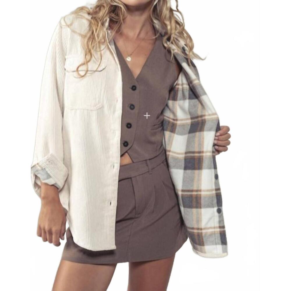 NEW TREND:NOTES cord & plaid shacket in beige